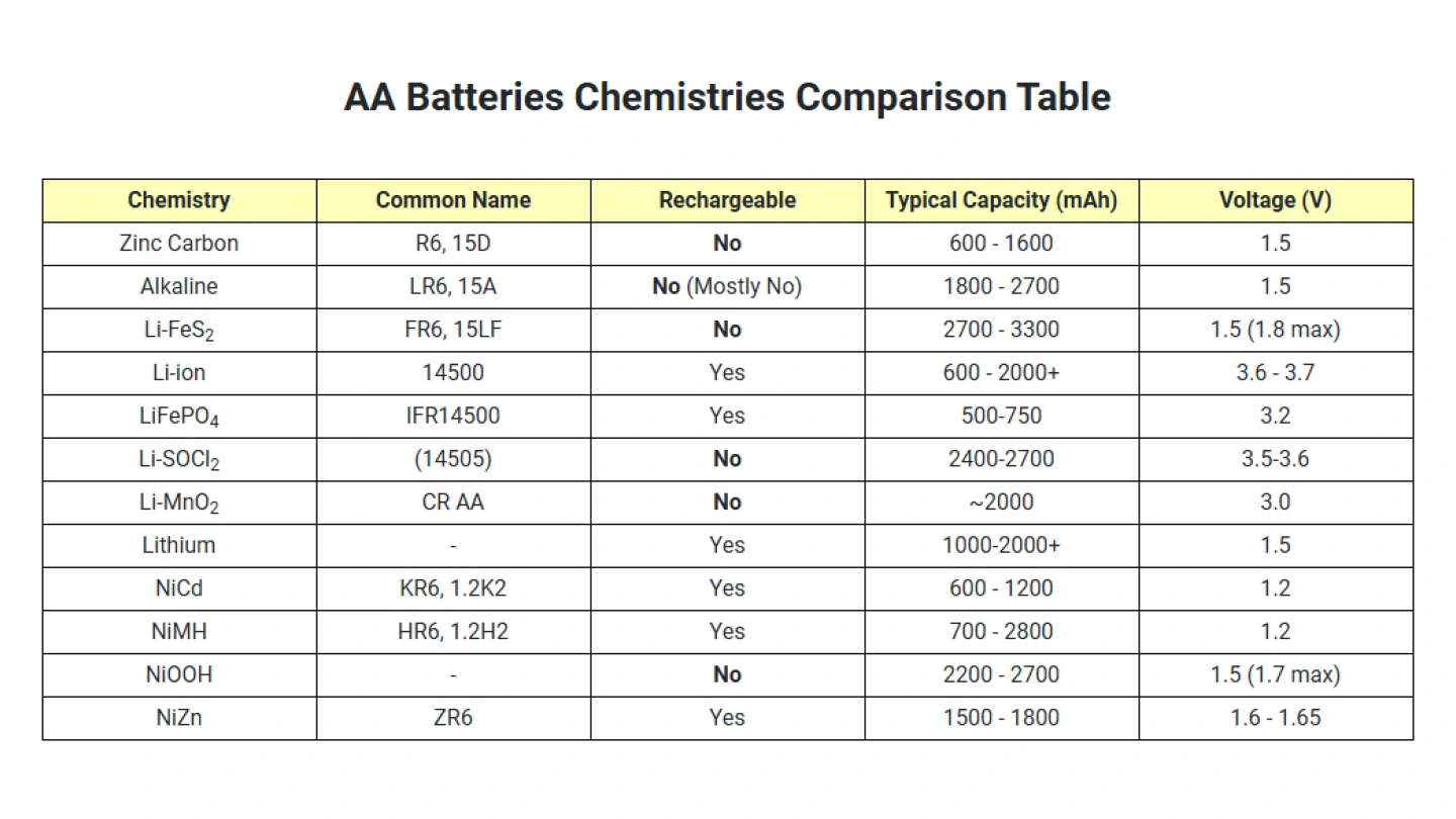 AA Batteries Chemistries Comparison Table