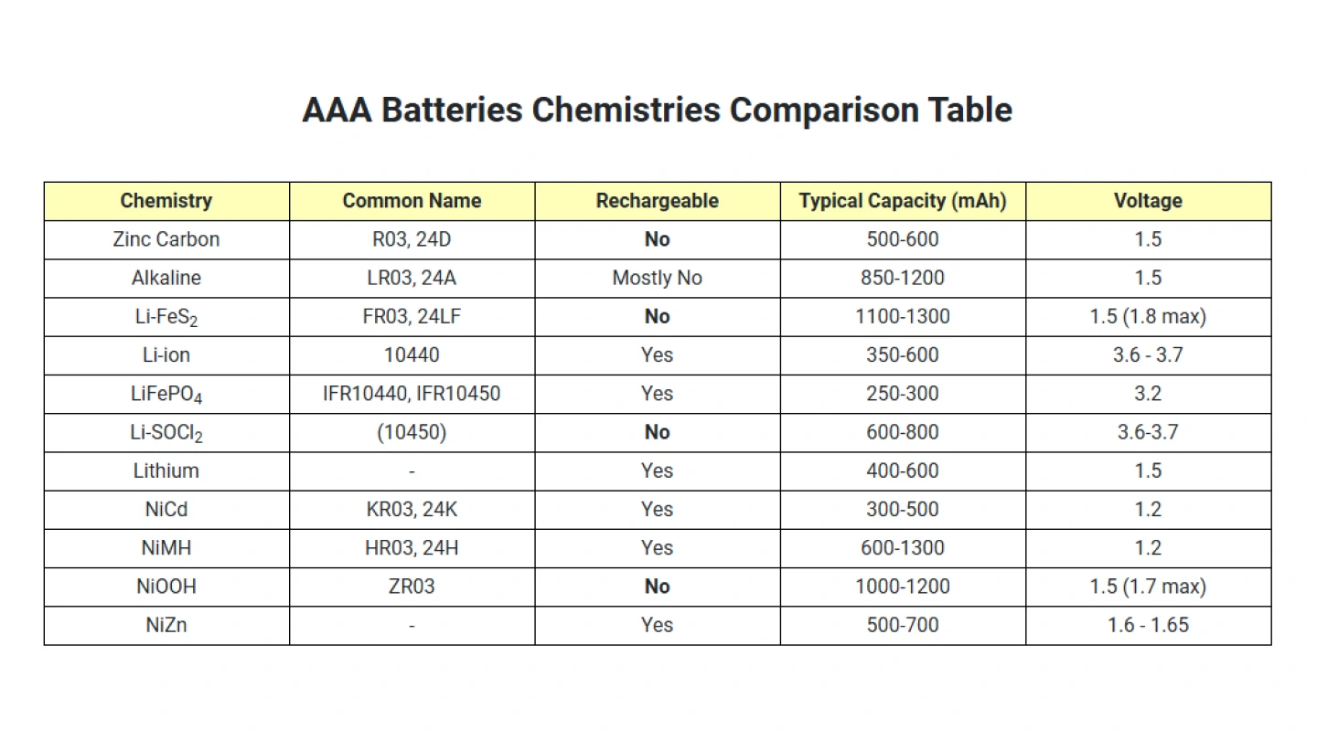 AAA Batteries Chemistries Comparison Table